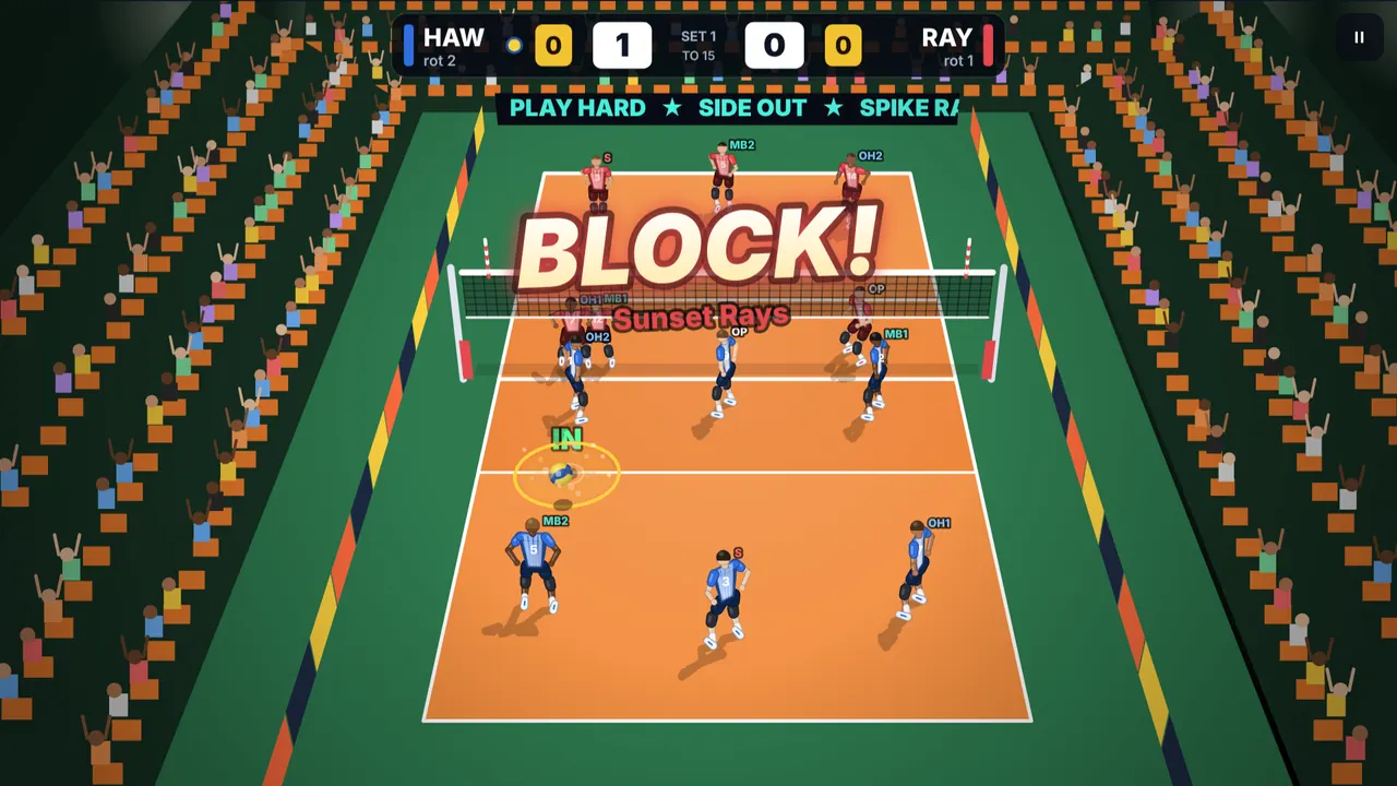 A BLOCK! banner as blockers stop a spike at the net in Spike Rally