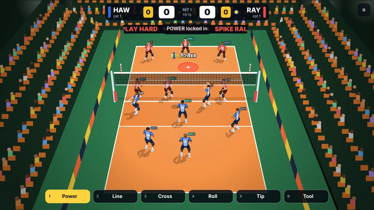Attack shot buttons Power, Line, Cross, Roll, Tip and Tool along the bottom of the Spike Rally court